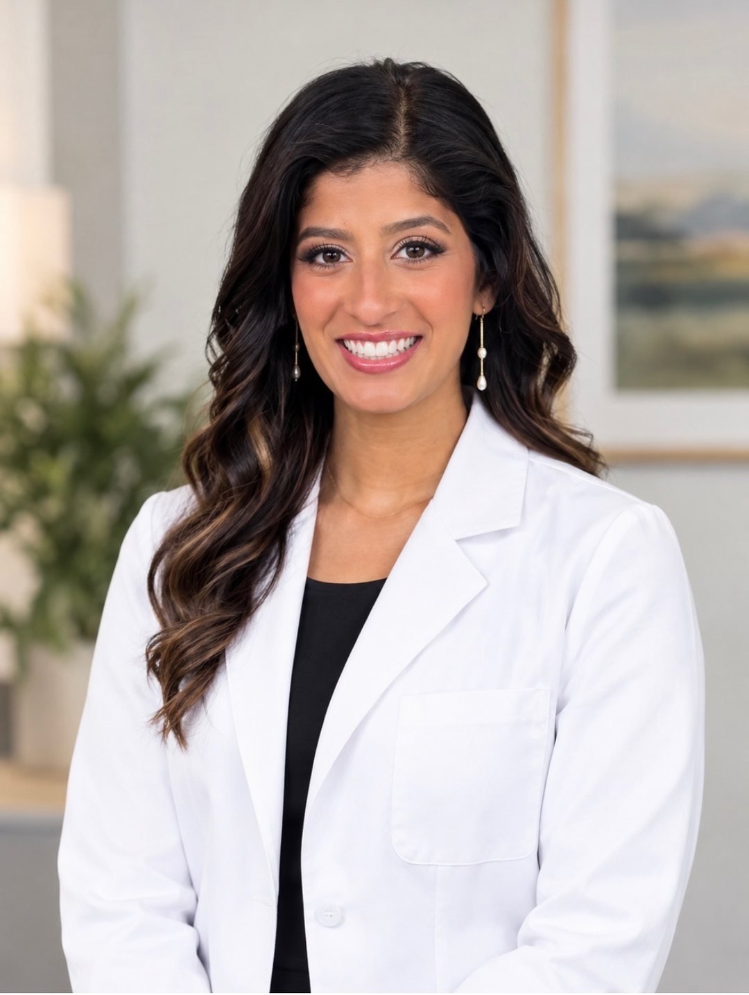 Jennifer Kannookaden, physician assistant at Premier Psychiatry, smiling in a white coat over a black top