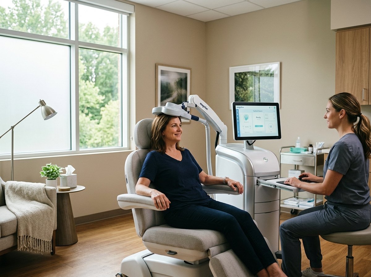 A patient seated in a TMS treatment chair while a clinician operates the device